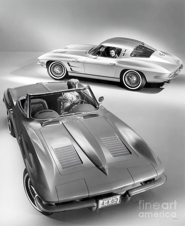 1963 Advertisement for Corvette Roadster and Split Window coupe Photograph by Retrographs