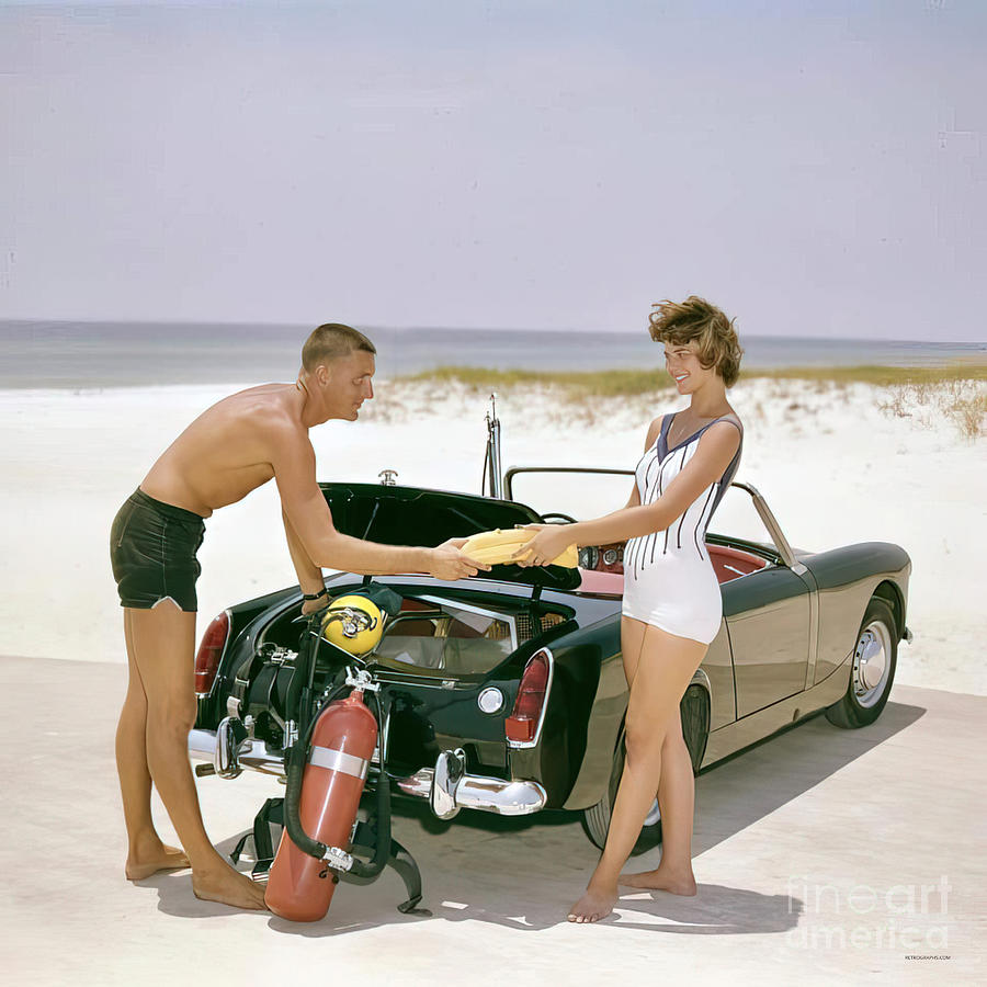 1963 Austin Healey Sprite with beach couple Photograph by Retrographs