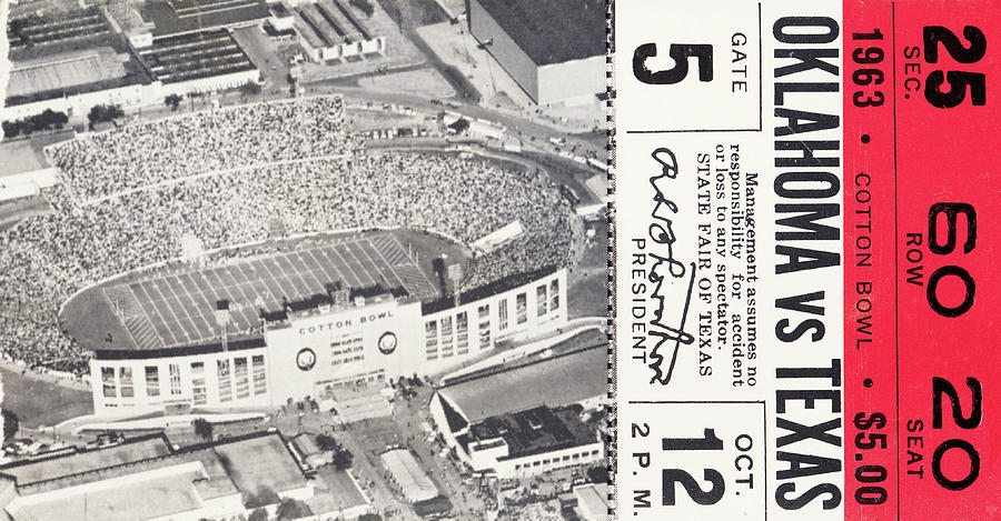 1963 Oklahoma vs. Texas Football Ticket Stub Art Mixed Media by Row One Brand