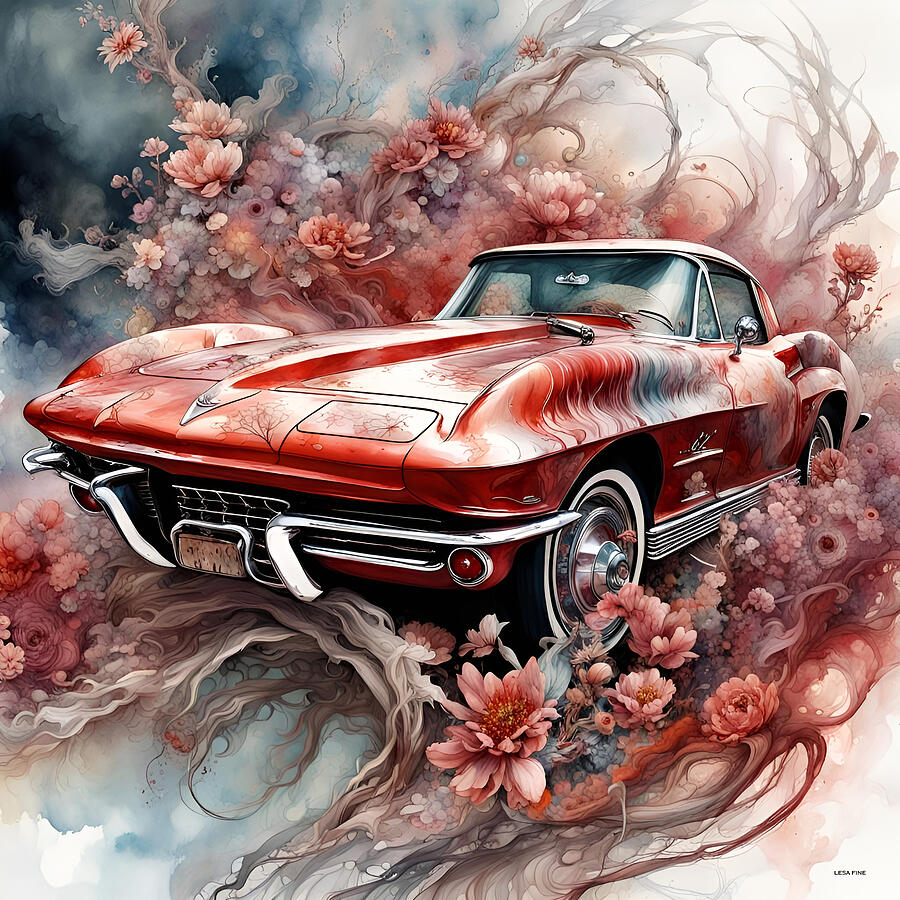 Unique Mixed Media - 1963 Sizzling Red Chevy Corvette by Lesa Fine