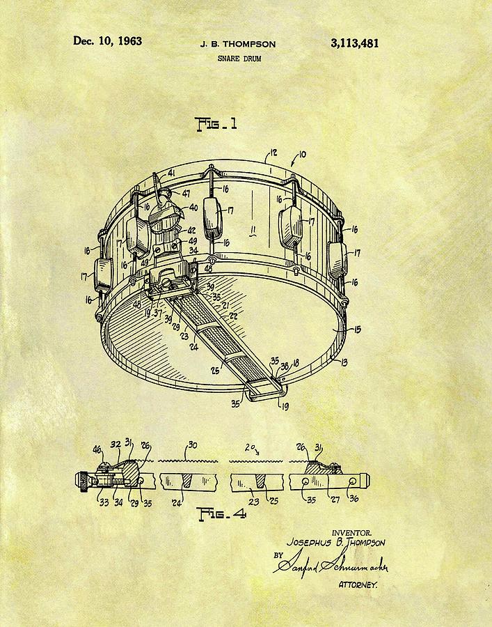 Drum Drawing - 1963 Snare Drum Patent by Dan Sproul