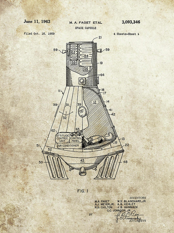 1963 Space Capsule Patent Drawing Drawing by Dan Sproul