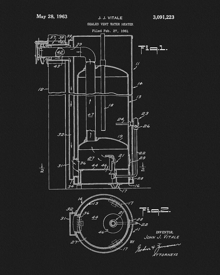 Appliance Drawing - 1963 Water Heater Patent by Dan Sproul