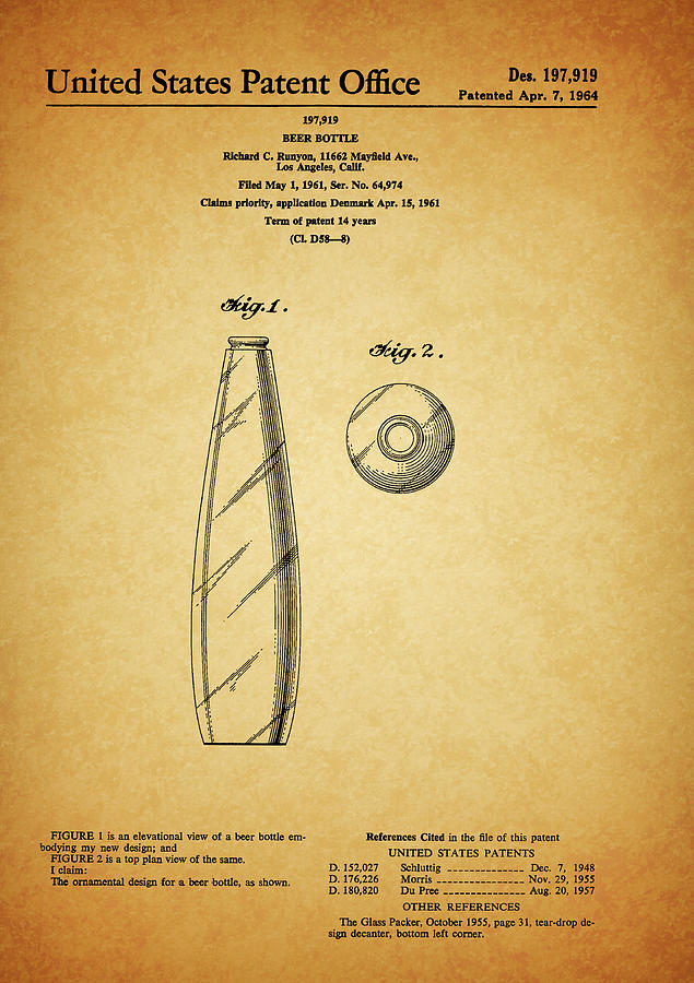 Bottle Drawing - 1964 Beer Bottle Patent by Dan Sproul