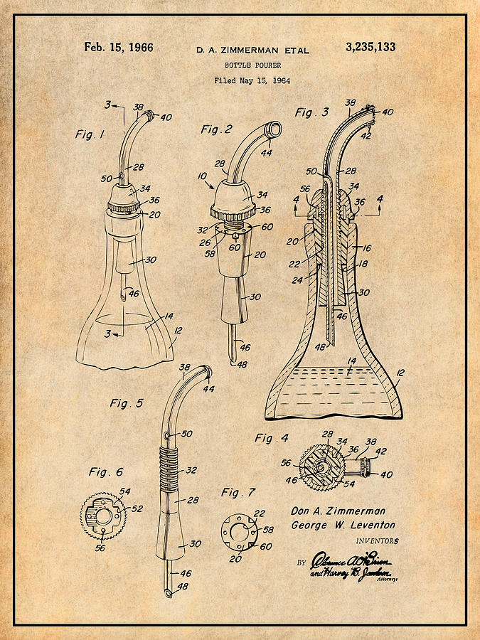 1964 Bottle Pourer Antique Paper Patent Print Drawing by Greg Edwards