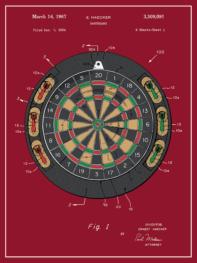 1964 Dartboard Colorized Patent Print Red Drawing by Greg Edwards