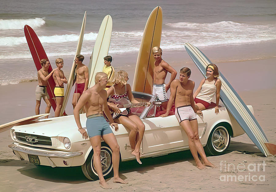 1964 Mustang Convertible With Surfers Beach Scene Photograph by Retrographs
