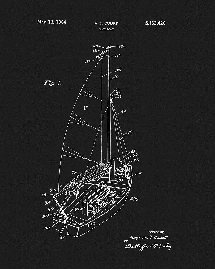 Boat Drawing - 1964 Sailboat Patent by Dan Sproul