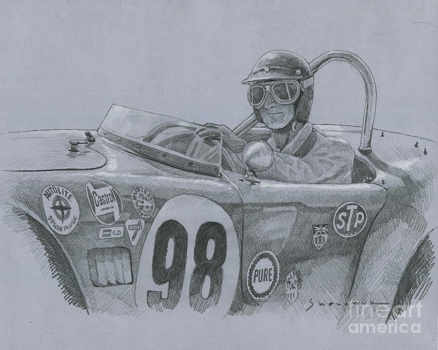 1964 Shelby Cobra and Ken Miles USRRC Mid Ohio Drawing by Yuriy Shevchuk 1964 Shelby Cobra and Ken Miles USRRC Mid Ohio Drawing by Yuriy Shevchuk