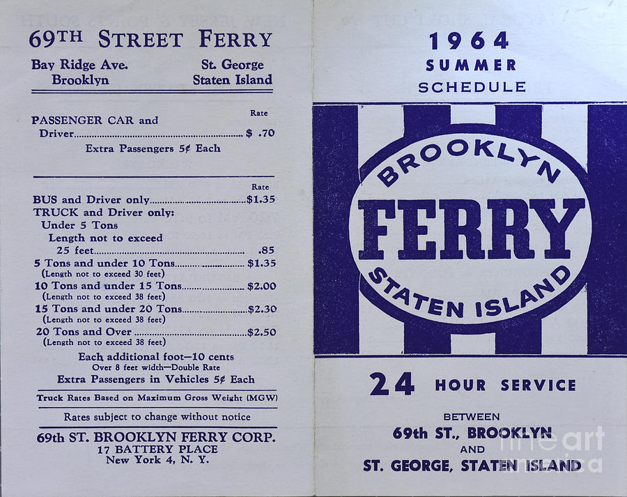 Vintage Photograph - 1964 Staten Island Ferry Schedule between Brooklyn and Staten Island Fees by Paul Ward