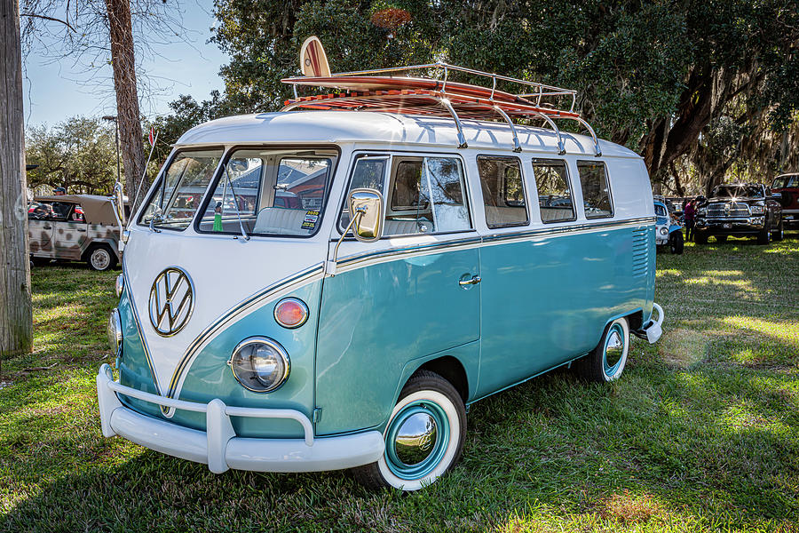 1965 Blue and White Volkswagen Bus Transporter X100 Photograph by Rich Franco