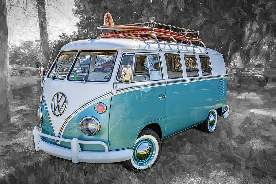 1965 Blue and White Volkswagen Bus Transporter X101 Photograph by Rich Franco