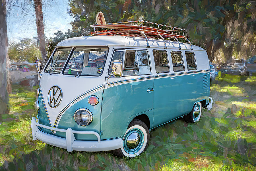 1965 Blue and White Volkswagen Bus Transporter X102 Photograph by Rich Franco