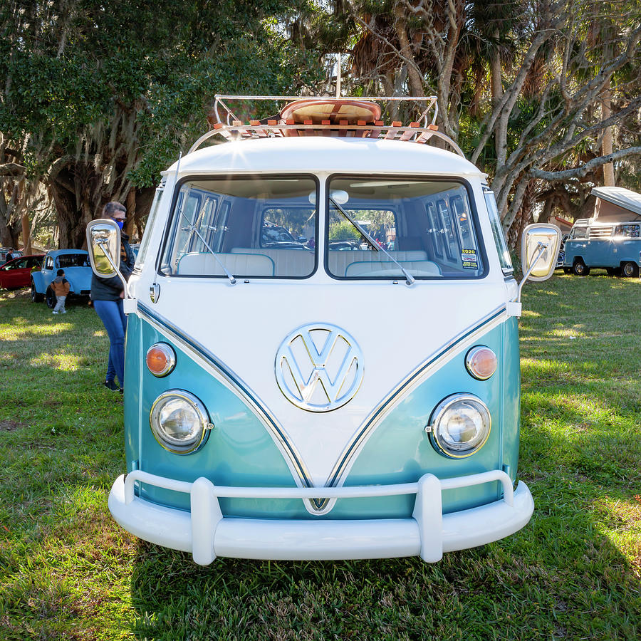 1965 Blue and White Volkswagen Bus Transporter X104 Photograph by Rich Franco