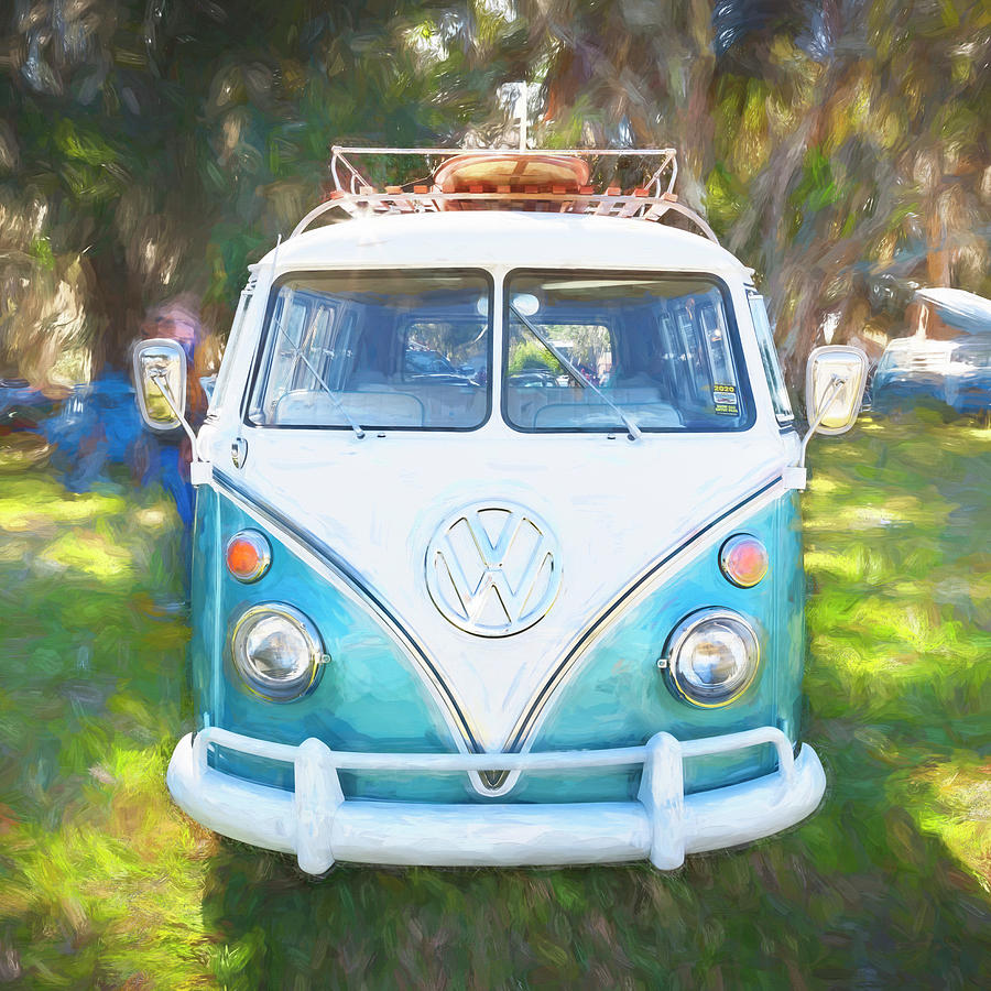 1965 Blue and White Volkswagen Bus Transporter X105 Photograph by Rich Franco