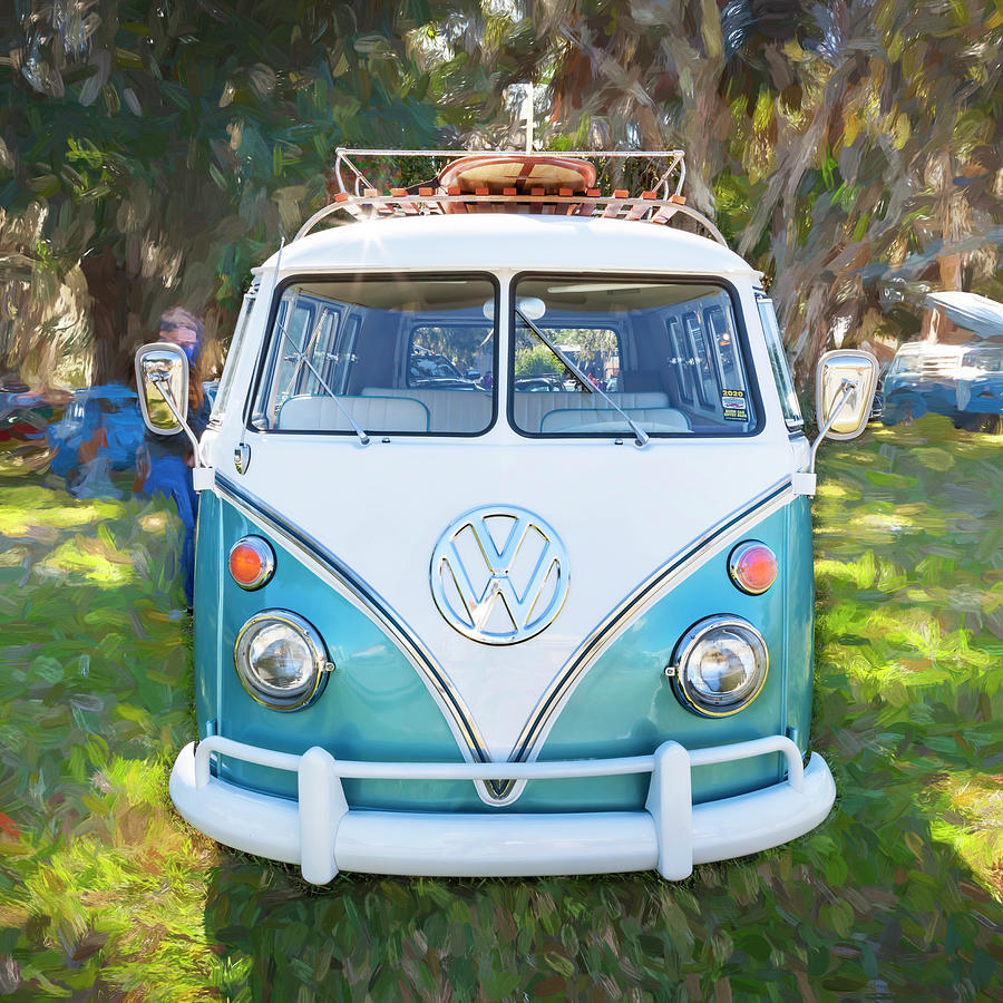 1965 Blue and White Volkswagen Bus Transporter X107 Photograph by Rich Franco