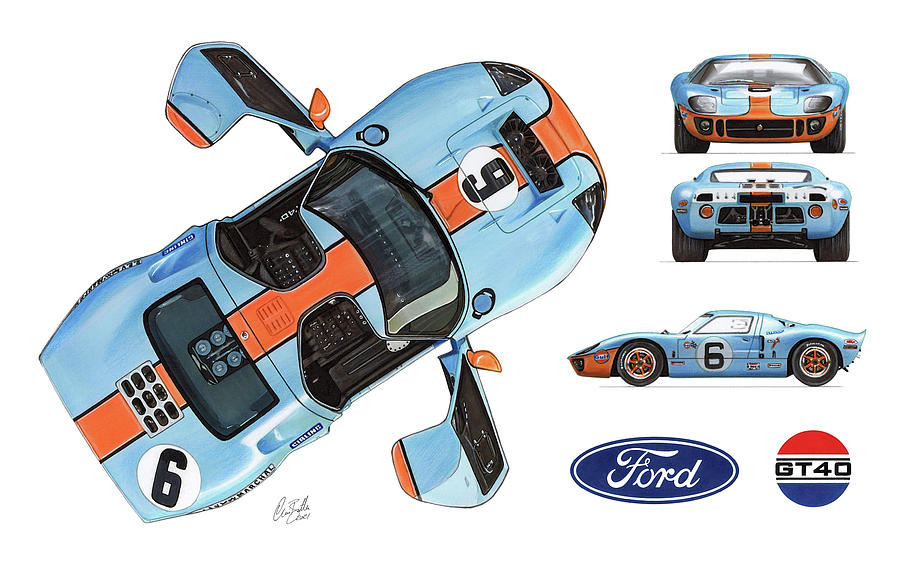1965 Ford GT40 MK1 Gulf Drawing by The Cartist - Clive Botha