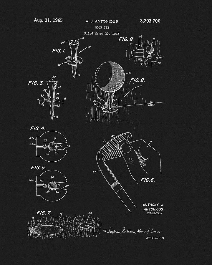 1965 Golf Tee Patent Drawing by Dan Sproul