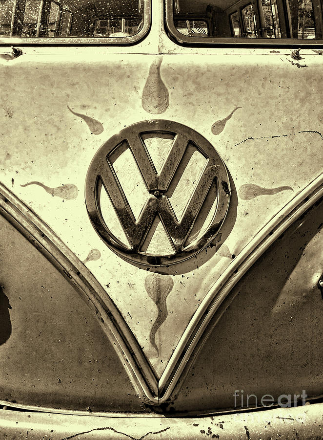 Vintage Photograph - 1965 Volkswagen Bus Hippie Sunburst in retro sepia by Paul Ward
