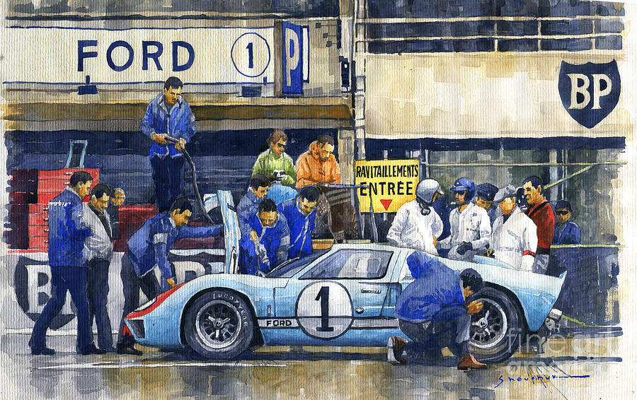 Watercolor Painting - 1966 Le Mans 24 Pit Stop  Ford GT40 MkII  Ken Miles Denny Hulme  by Yuriy Shevchuk