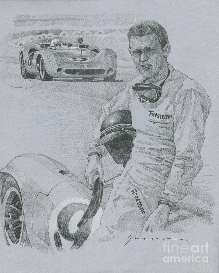 Steve Mcqueen Drawing - 1966 Riverside Raceway California Lola T70 # 9 Steve McQueen by Yuriy Shevchuk