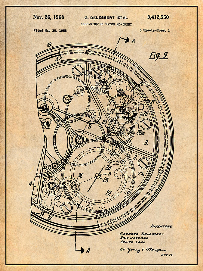 1966 Self Winding Watch Movement Antique Paper Patent Print Drawing by Greg Edwards
