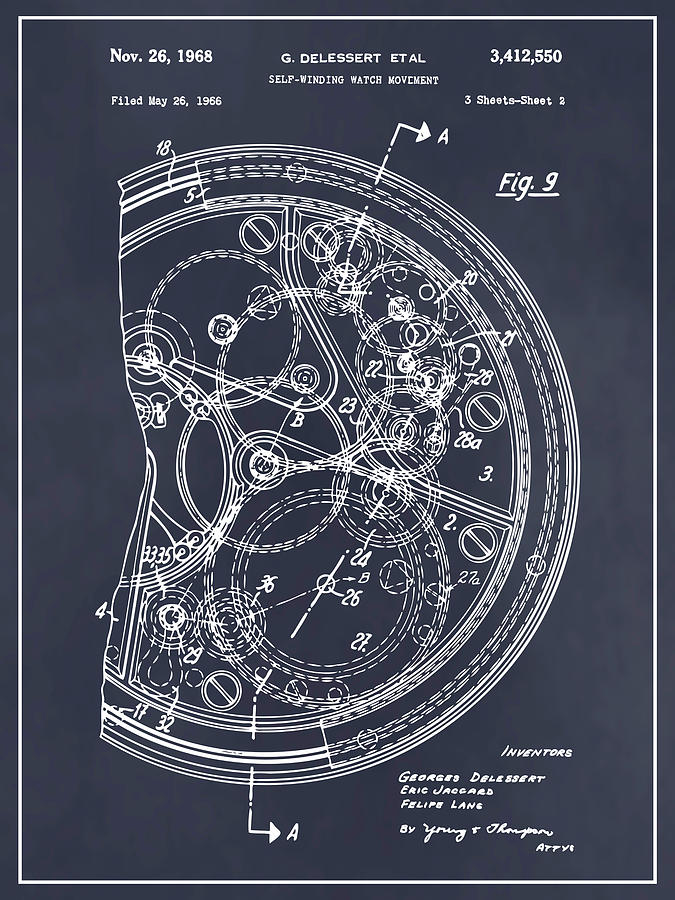 1966 Self Winding Watch Movement Blackboard Patent Print Drawing by Greg Edwards