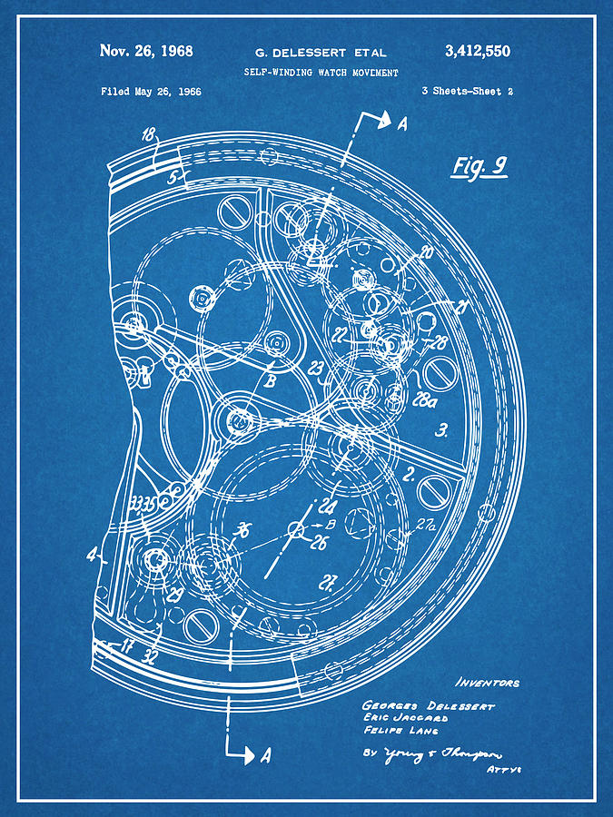 1966 Self Winding Watch Movement Blueprint Patent Print Drawing by Greg Edwards