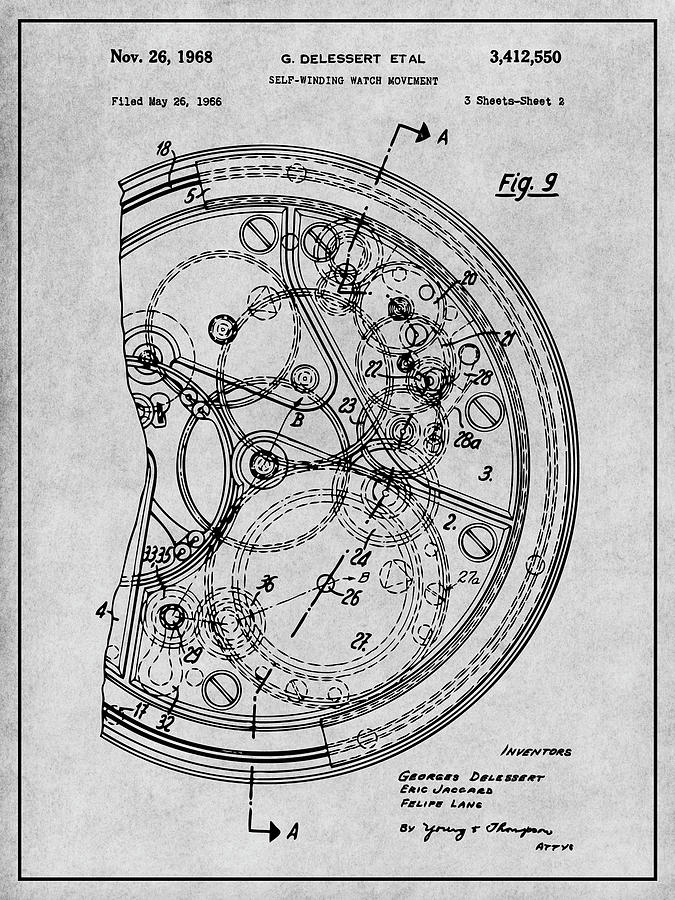 1966 Self Winding Watch Movement Gray Patent Print Drawing by Greg Edwards