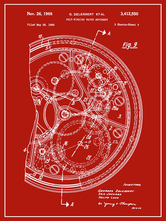 1966 Self Winding Watch Movement Red Patent Print Drawing by Greg Edwards