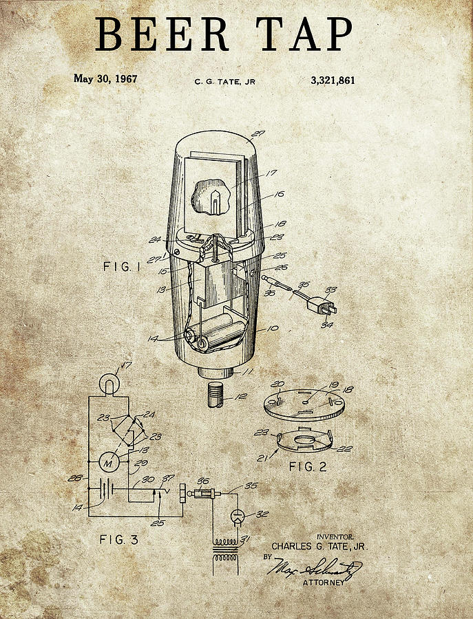 Beer Drawing - 1967 Beer Tap Patent by Dan Sproul