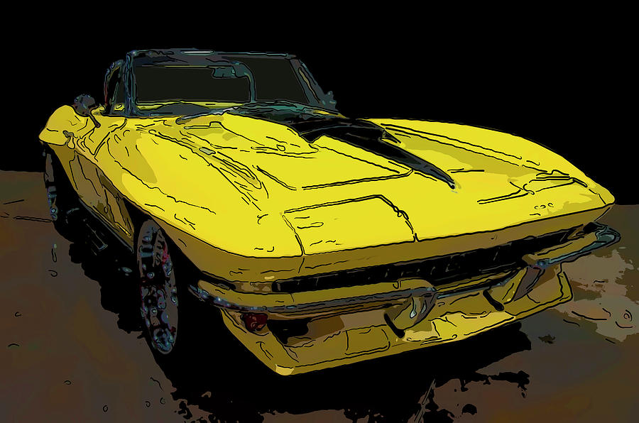 Chevy Drawing - 1967 Chevy Corvette convertible yellow digital drawing by Flees Photos
