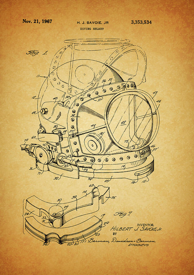 Leonardo Da Vinci Drawing - 1967 Diving Helmet Patent by Dan Sproul
