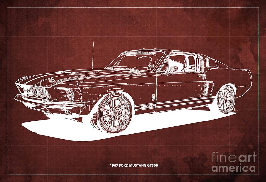 1967 Ford Mustang GT500 Blueprint, Vintage Red Background,Gift for  Collectors Drawing by Drawspots Illustrations - Pixels