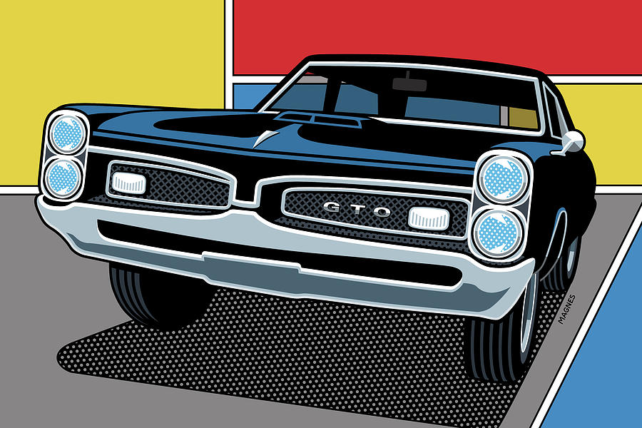 Game room childs Wall art 1967 GTO Pontiac black digital art print download Garage Man cave decor Great front view Antique Classic Car