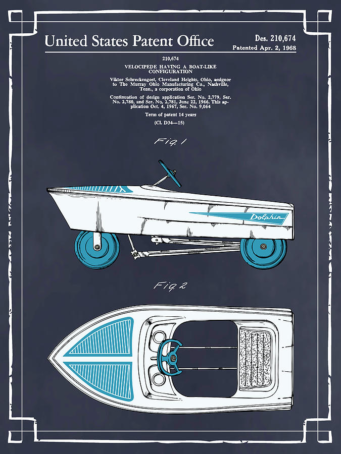 1968 Murray Pedal Boat Colorized Patent Print Blackboard Drawing By Greg Edwards Pixels