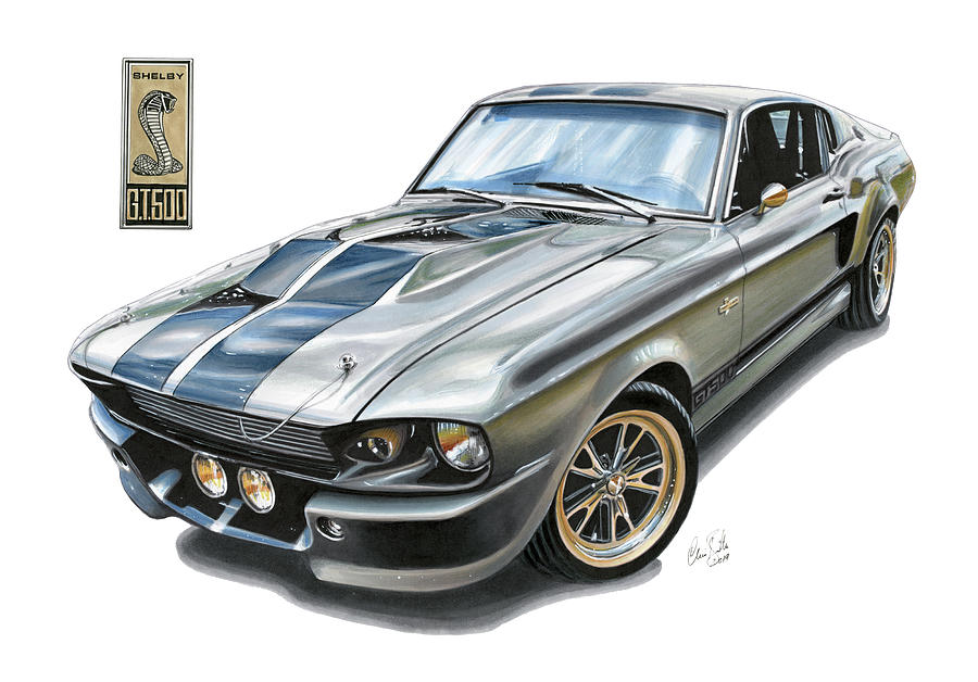 1967 Shelby Mustang GT500 Drawing by The Cartist Clive Botha Fine