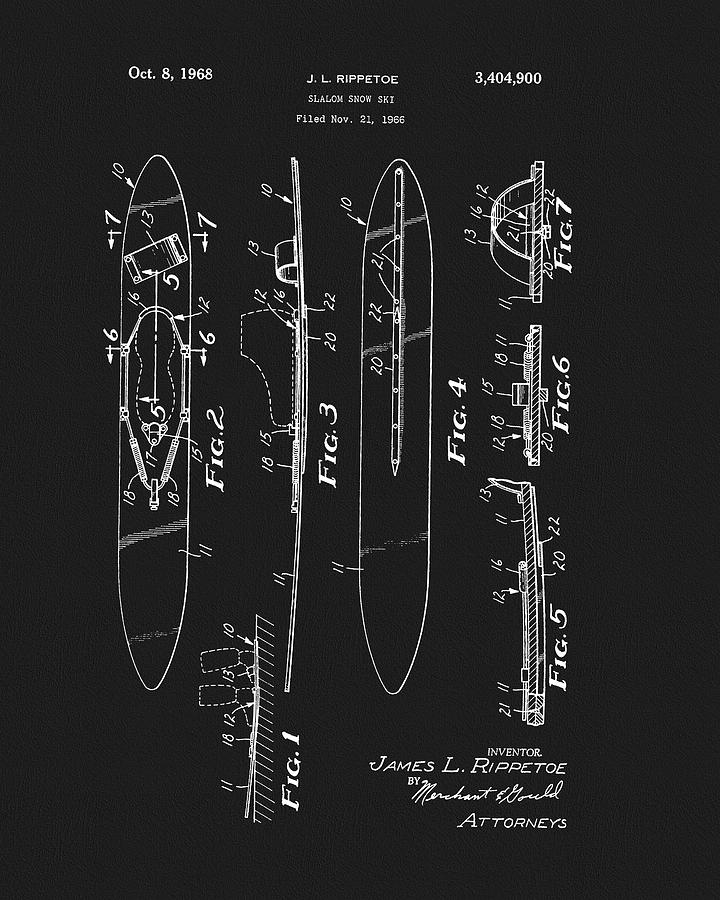 1968 Slalom Snow Ski Patent Drawing by Dan Sproul