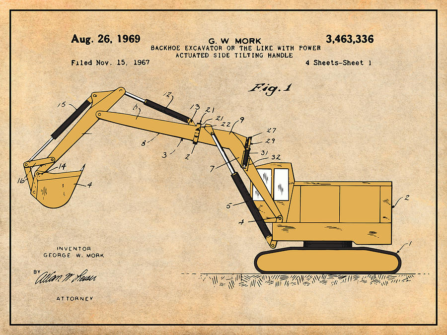 1969 Backhoe Excavator Colorized Patent Print Antique Paper Drawing by Greg Edwards