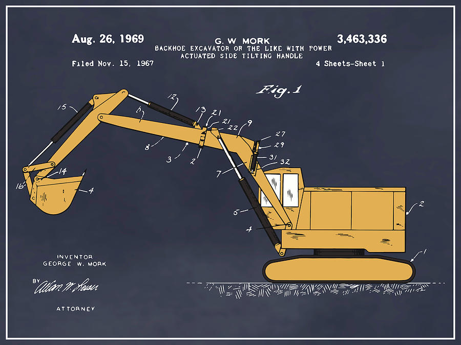 1969 Backhoe Excavator Colorized Patent Print Blackboard Drawing by Greg Edwards