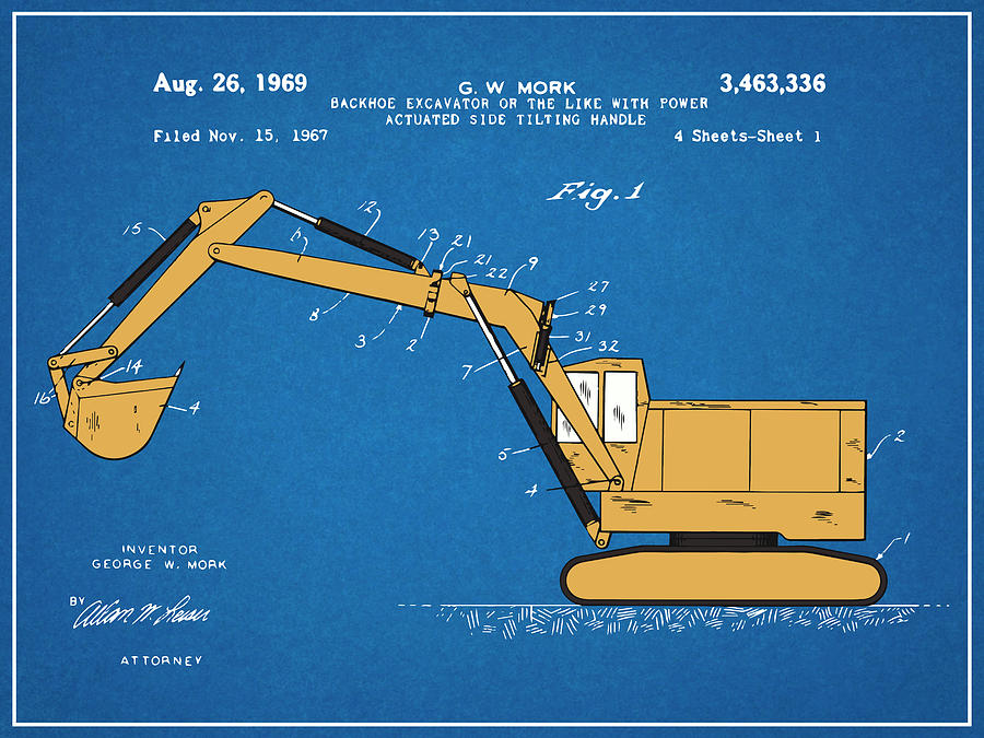 1969 Backhoe Excavator Colorized Patent Print Blueprint Drawing by Greg Edwards