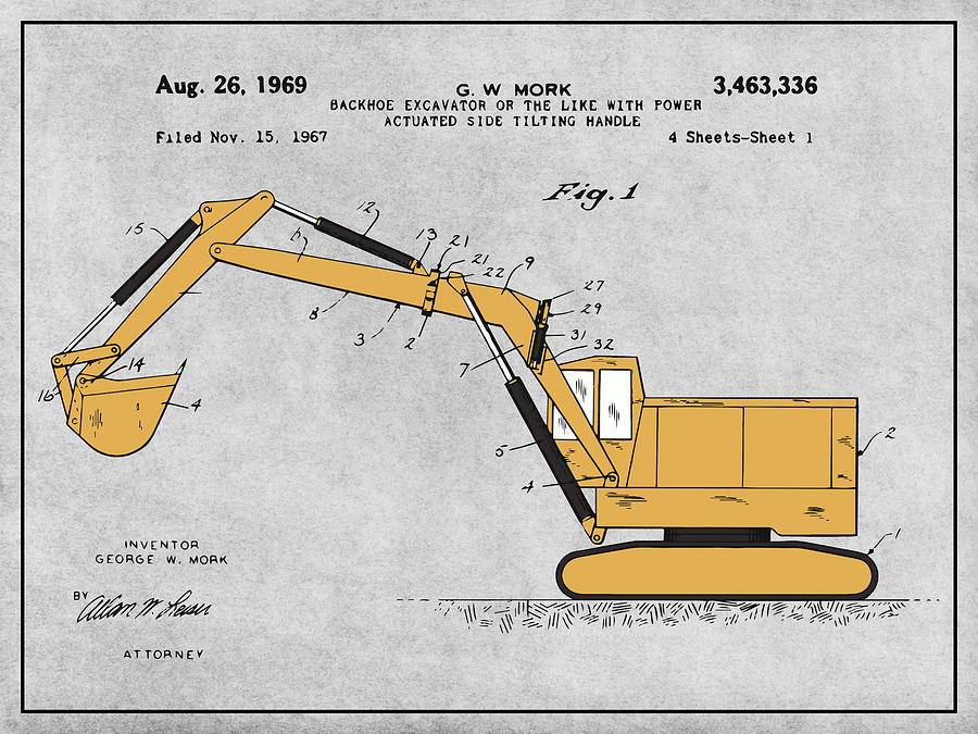 1969 Backhoe Excavator Colorized Patent Print Gray Drawing by Greg Edwards