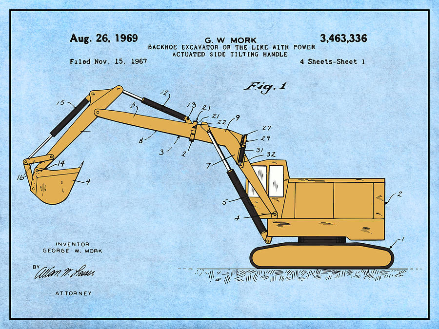 1969 Backhoe Excavator Colorized Patent Print Light Blue Drawing by Greg Edwards