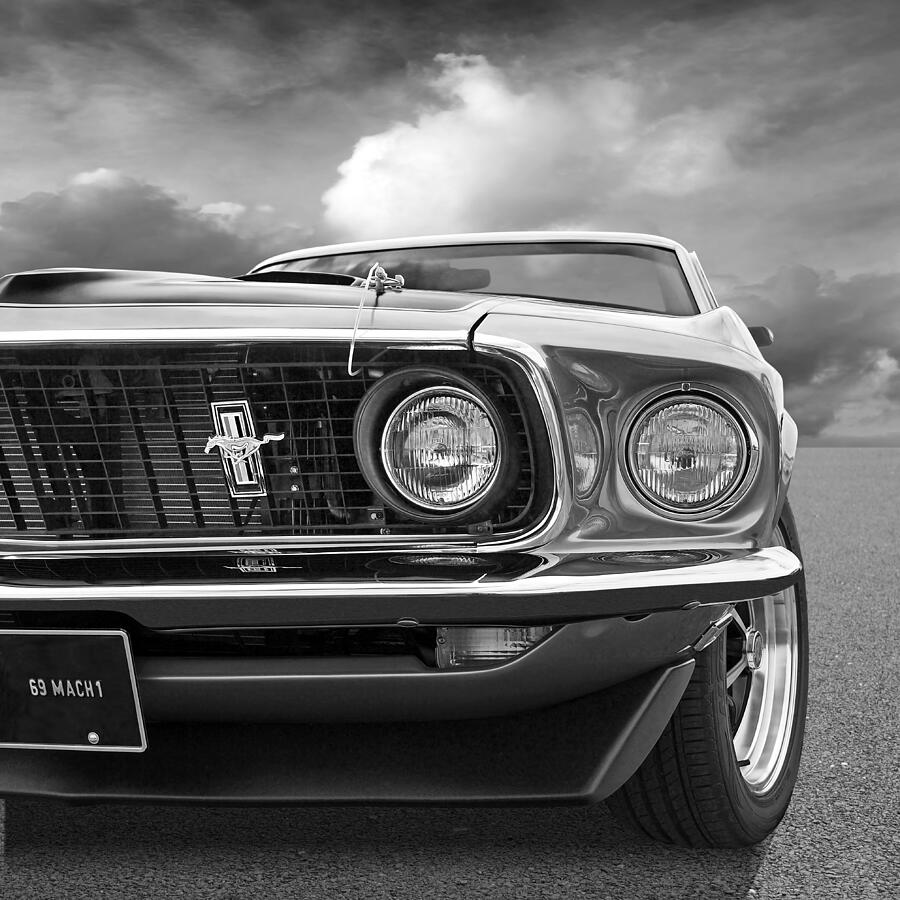 1969 Mustang Mach 1 Black and White Photograph by Gill Billington