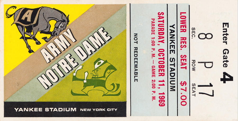 1969 Notre Dame vs. Army Football Ticket Art Mixed Media by Row One Brand
