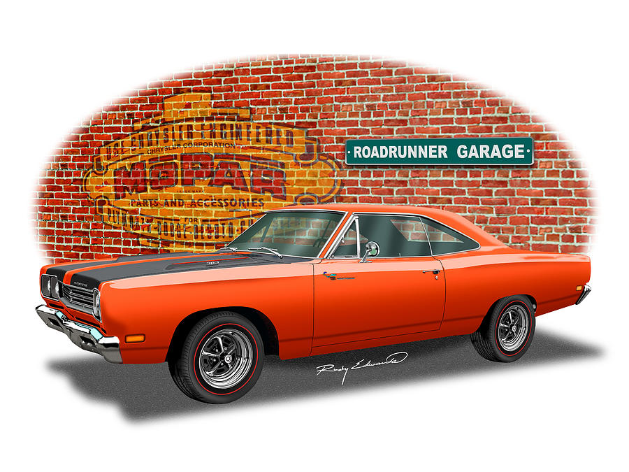 Boys Room Drawing - 1969 Plymouth Roadrunner 383 Orange Black Stripes Muscle Car Art by Alison Edwards