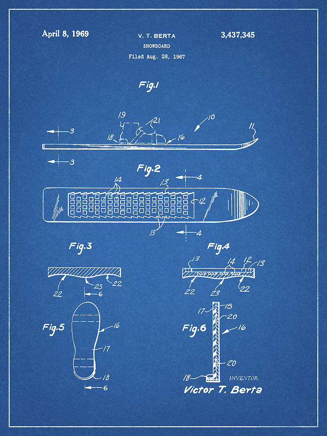 1969 Snowboard Patent Design Drawing by Dan Sproul