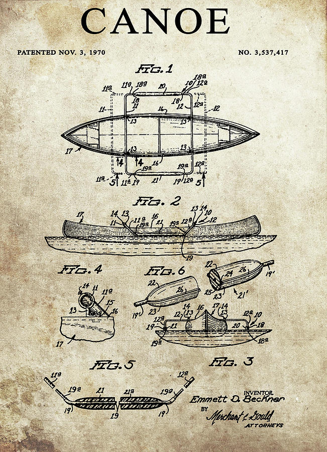 Vintage Drawing - 1970 Canoe Patent by Dan Sproul