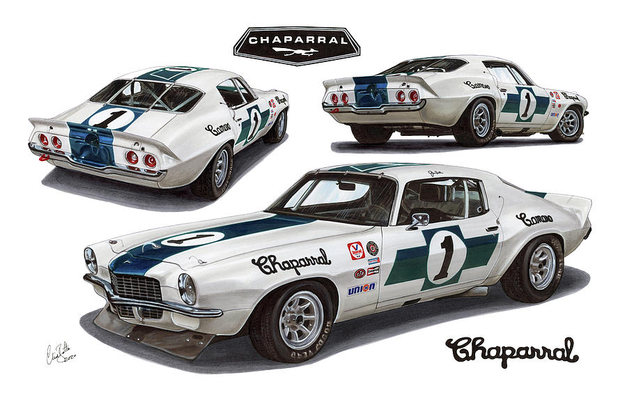 1970 Chaparral Racing Camaro Drawing by The Cartist - Clive Botha
