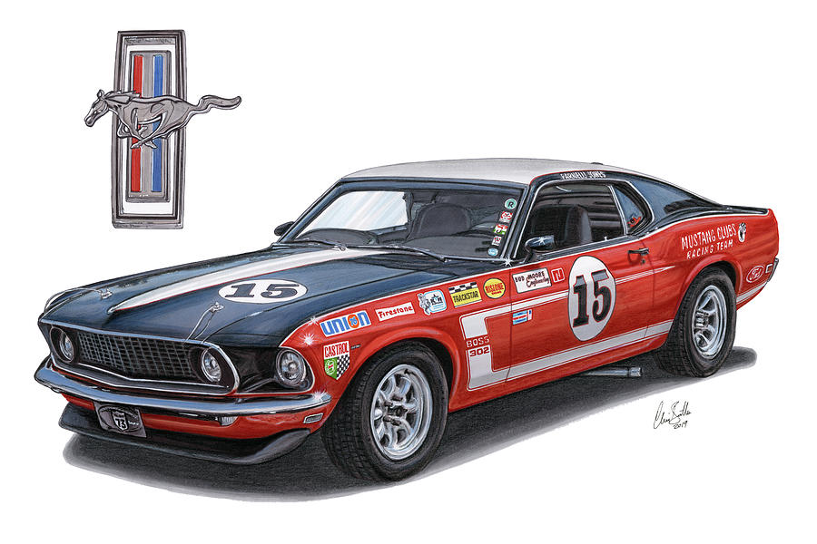 1970 Ford Mustang Boss 302 Drawing by The Cartist - Clive Botha